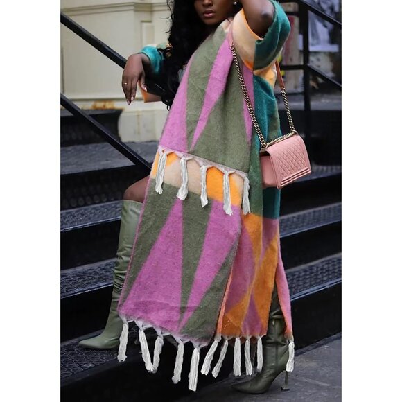 Women's Tassel Sweater Open Front Fringe Colorful Long Cardigan Poncho Sweater - Picture 4 of 6